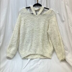 Express Off-the-Shoulder Fuzzy White Sweater